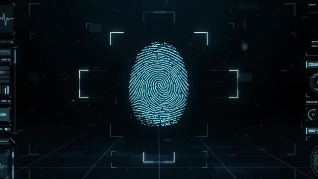 Digital fingerprint scanning and biometric security verification interface in futuristic cyberspace