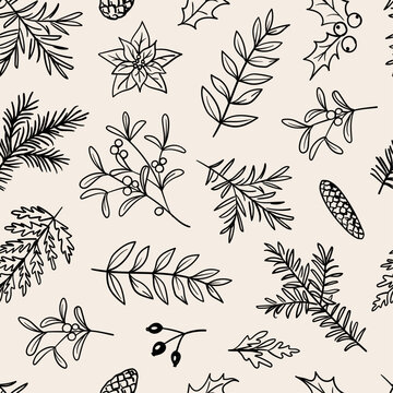 Vector decorative christmas themed seamless pattern with hand drawn doodles of branches, leaves, pine cones, mistletoe, holly	
