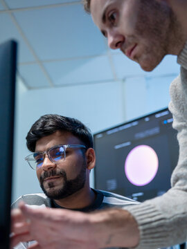 Software engineering use computer working development office are assisting algorithm systems or verifying code. Programmer teamwork using artificial intelligence on laptop analysis or writing coding
