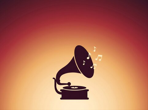 Silhouette of vintage gramophone playing music with notes on warm sunset gradient background, retro music concept.