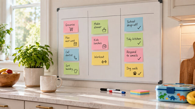 Family weekly planner with colorful sticky notes and household tasks on whiteboard in modern kitchen, home organization and daily routine concept