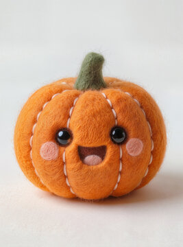 Cute felt pumpkin with kawaii face. Handmade Halloween decoration. Needle felt craft. Cozy autumn seasonal decor.