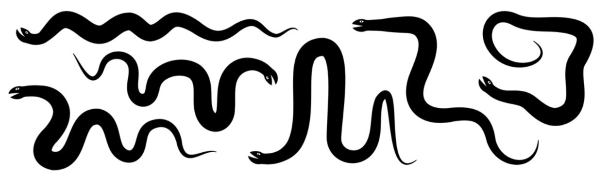 Black snake icon, simple serpent symbol set