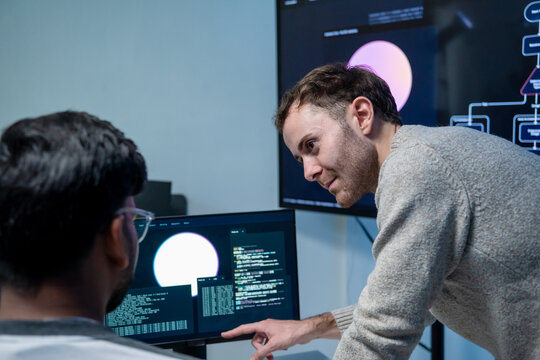 Software engineering use computer working development office are assisting algorithm systems or verifying code. Programmer teamwork using artificial intelligence on laptop analysis or writing coding