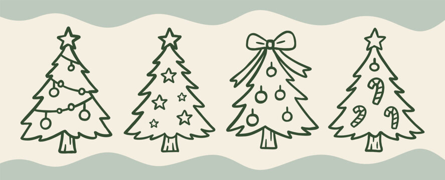 Hand drawn Christmas tree set with festive ornaments and clean line art vector illustration