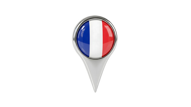 Glossy map pointer icon featuring the national flag of France with a metallic silver border on a black background