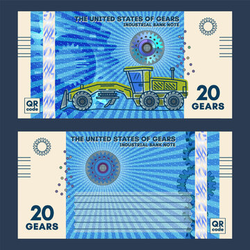 Vector obverse and reverse of techno style banknote. Guilloche, mesh patterns. Blue industrial note. Denomination, twenty gears. 20. 3D gear. Heavy duty road scraper. Discount flyer or game money