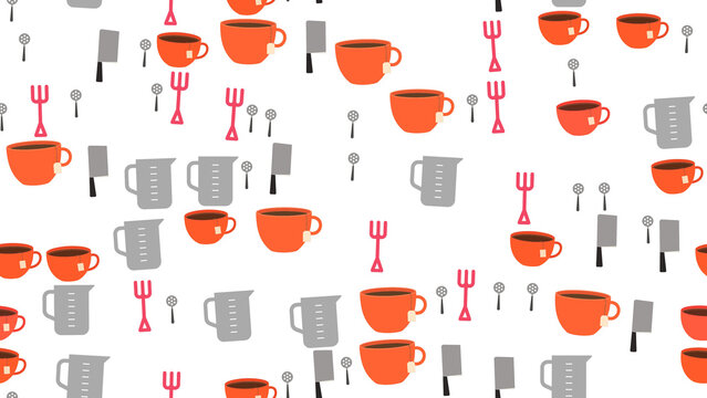 Seamless pattern of kitchenware and cups