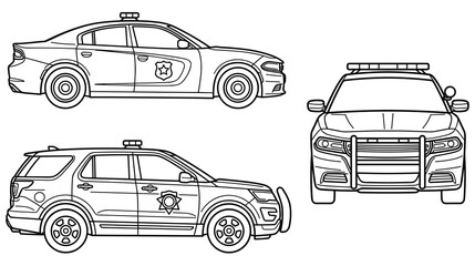 Black and white police car and SUV illustration for coloring pages. © SHUVO