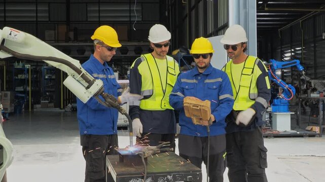 Industrial Engineer Program Robotic Welding Arm with Teach Pendant : Team multiracial technician hardhat protective eyewear test operat automated welding robot modern smart manufacturing factory.