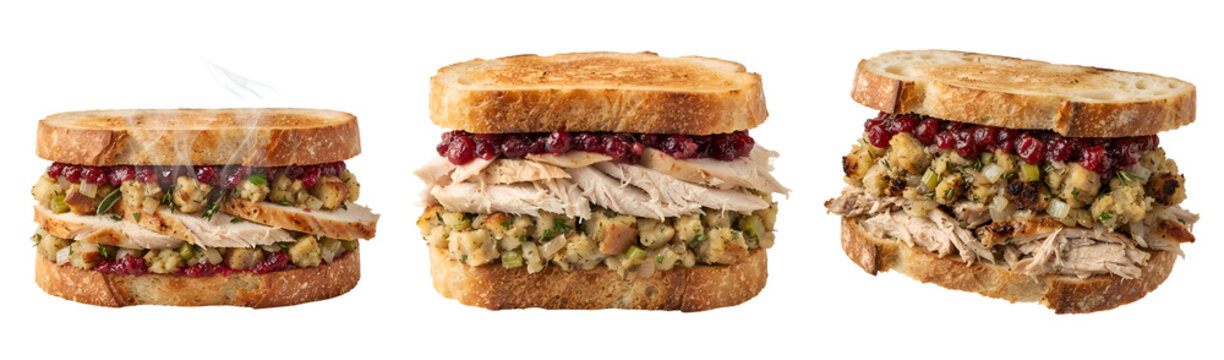 Delicious thanksgiving leftover sandwiches featuring sliced roasted turkey breast herb stuffing and tart cranberry sauce served on toasted sourdough bread isolated on transparent background