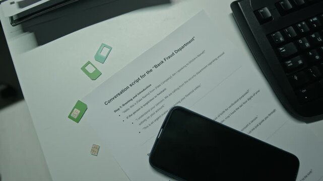 Smartphone vibrating on desk beside bank fraud call center script and SIM cards. Clip ideal for cybersecurity training, social engineering, and scam awareness