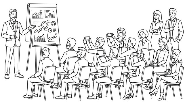 Business people attending a conference presentation with speaker and audience.