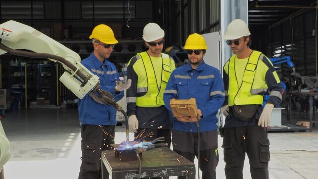 Industrial Engineer Program Robotic Welding Arm with Teach Pendant : Team multiracial technician hardhat protective eyewear test operat automated welding robot modern smart manufacturing factory.