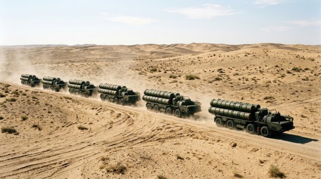 Military convoy of missile launchers driving through a desert landscape