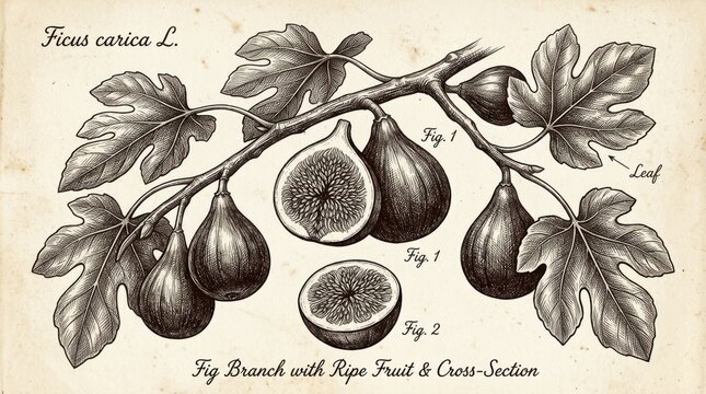 Detailed hand sketched illustration of a Ficus carica fig branch with ripe fruit and cross section on vintage paper background.