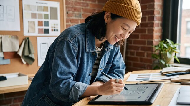 Generative AI, Asian designer sketching UI wireframes on a tablet in a creative studio