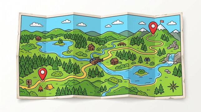 Cute outdoor navigation map with red location pins, winding hiking route, green terrain, blue lakes and forest trees.