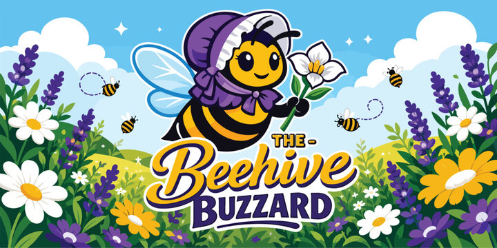 Beehive Buzzard Vector Mascot Illustration with Cute Costumed Bee, White Daisies, Purple Lavender, Colorful Wildflowers and Cheerful Spring Garden Nature Emblem
