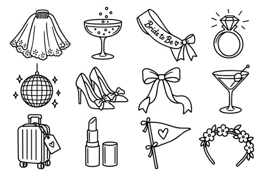 Bachelorette Party Hand Drawn Icon Set &ndash; 12 Doodle Style Vector Illustrations for Bridal, Hen Party and Girls Night Themes
