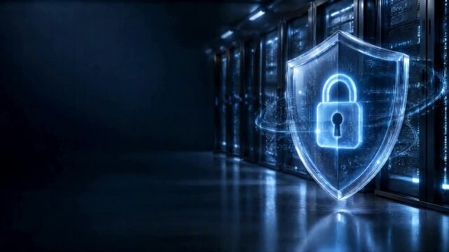 Cybersecurity Shield and Padlock Protecting Data Center
