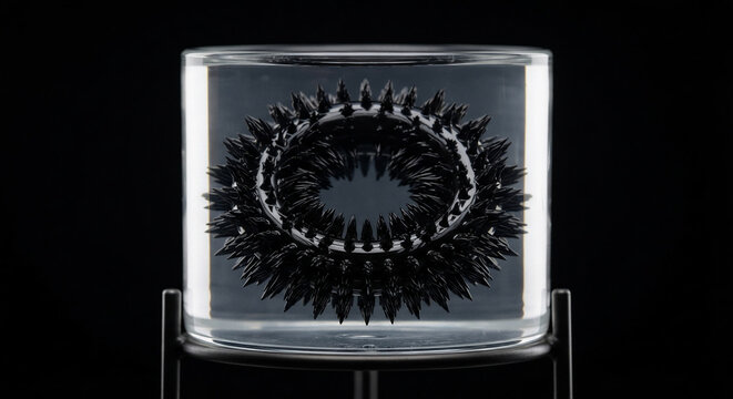Ferrofluid toroidal ring suspended in clear silicone fluid matrix with magnetic confinement spikes