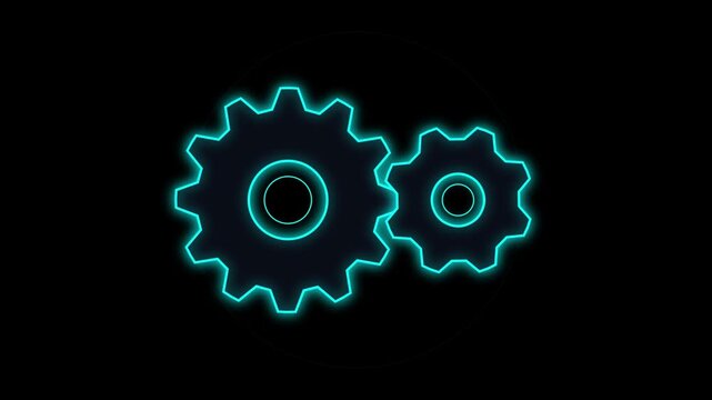 Glowing blue neon gears rotating on black background for technology and engineering concepts