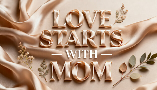 Motherhood and unconditional love concept elegant typography with silk fabric background for Mother's Day celebration and family appreciation