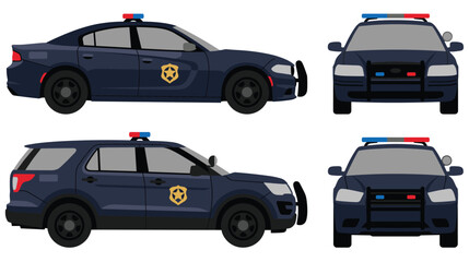 Police car sedan and SUV shown from side and front. © SHUVO