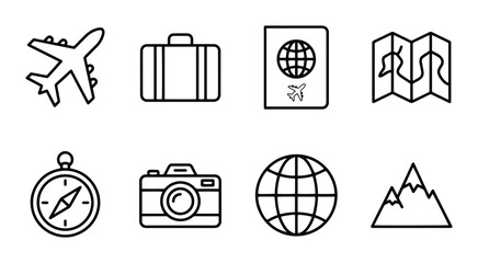 Obraz premium Travel Icons Set: Airplane, Suitcase, Passport, Map, Compass, Camera, Globe, Mountains