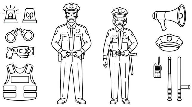 Police officer characters set with law enforcement equipment and uniform.