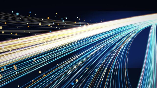 Fiber optic data stream on a black background. Blue, white and gold light streaks curving with sparkling particles