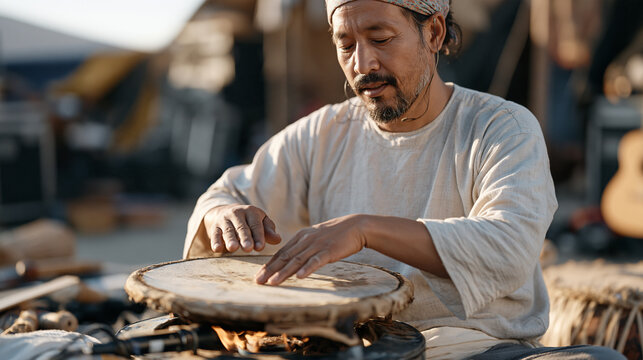 A Nepali percussionist tunes a traditional hand drum by warming the skin over a portable heat source backstage at a world music concert, ear pressed close listening for the