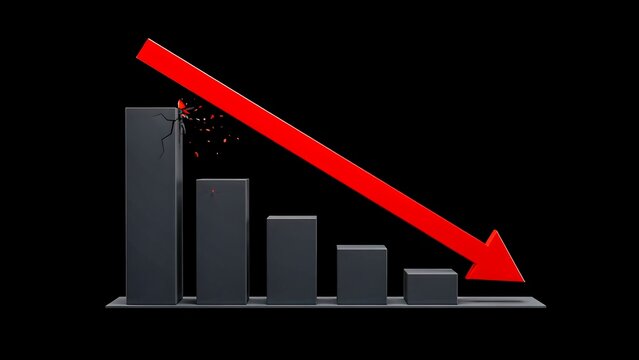 Declining bar chart with red arrow representing financial loss and economic downturn