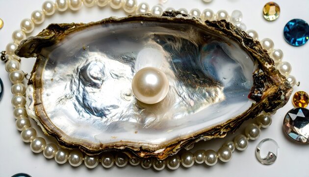 Oyster shell with pearl, necklace and stones in water on white background, flat lay