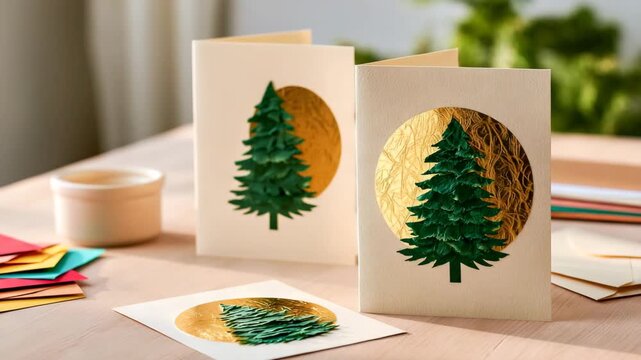 Handmade Christmas Cards with Torn Paper Trees and Gold Circles on Craft Table