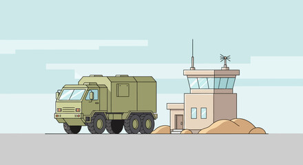 Obraz premium Military Truck at Observation Tower Illustration