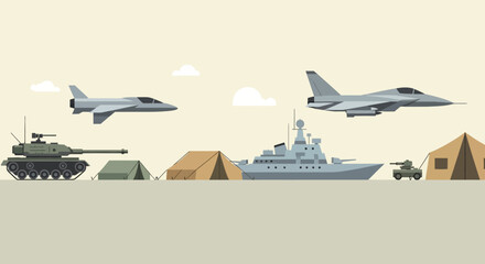 Obraz premium Military Vehicles and Equipment: Army Tank, Fighter Jet, Warship with Tents