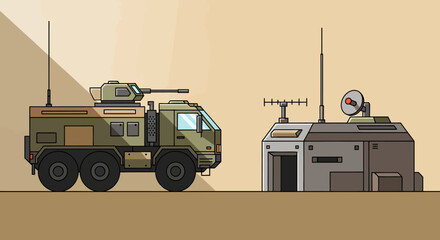 Obraz premium Military Vehicle and Command Structure - Vector Illustration