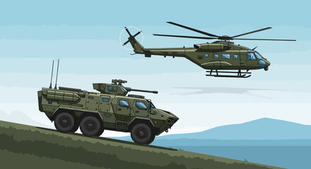 Obraz premium Military Vehicles & Helicopter on a Hill - Vector Illustration
