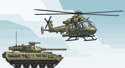 Obraz premium Military transport vehicles: Tank and Helicopter illustration