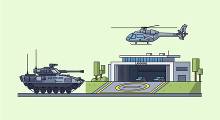 Obraz premium Military Vehicles and Building: Armored Tank, Helicopter, Garage