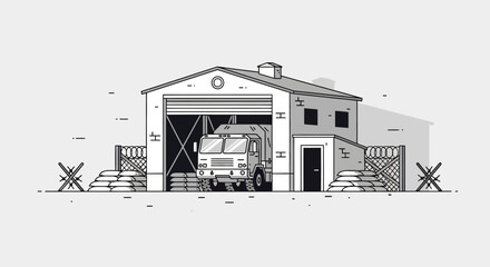 Obraz premium Military Truck Leaving Garage, Vector Illustration