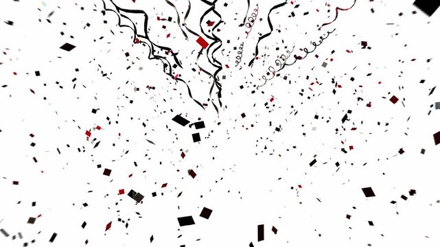 Celebratory black and red square confetti falling with swirling ribbon streamers isolated on a bright white background