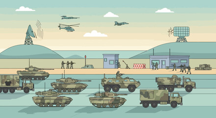 Obraz premium Military Vehicles & Aircraft Illustration: Army Deployment, Defense, War, Weaponry