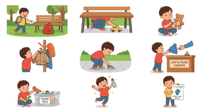 Vector set of kids lost and found lost items and searching activities illustrations with separated objects and layers