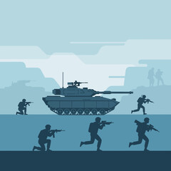 Obraz premium Military troops and tank silhouette in battle scene