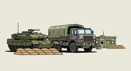 Obraz premium Military Vehicles: Tank, Truck, and Bunker Illustration
