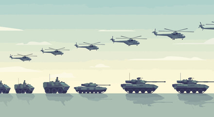 Obraz premium Military vehicles: tanks and helicopters formation illustration