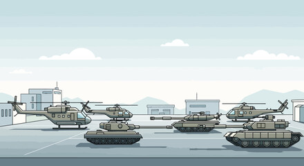 Obraz premium Military Vehicles: Tanks and Helicopters on a City Airport Base